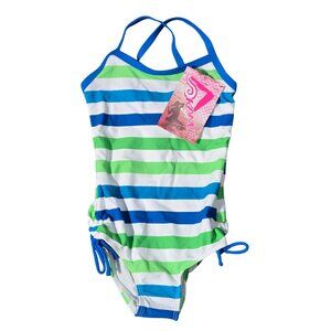 NWT | Kanu Surf Toddler Girls Blue & Lime Green Striped One-Piece Swimsuit | 3T
